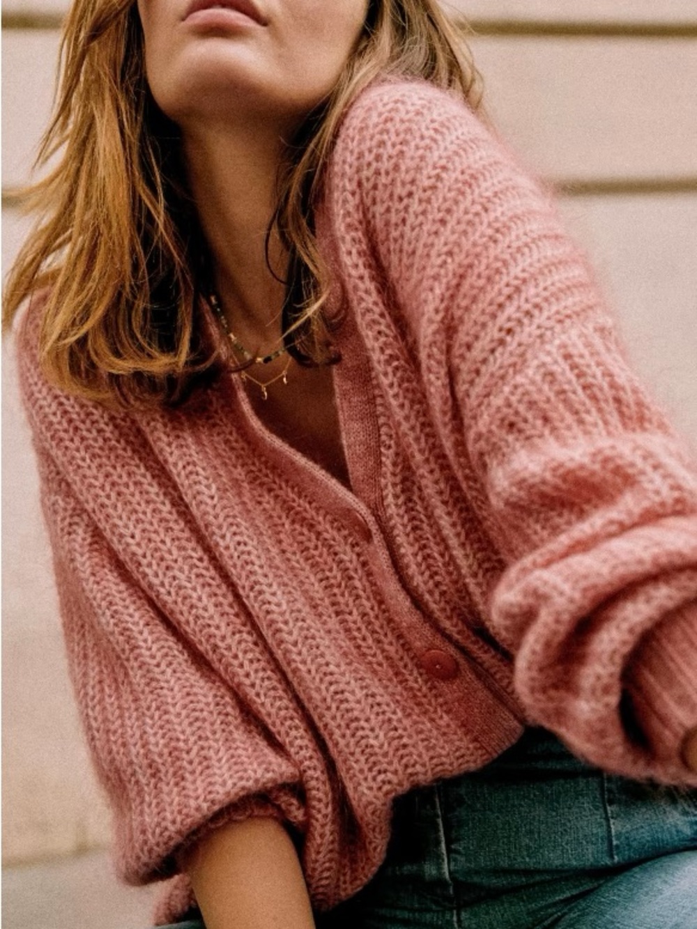 Sezane Rose Pink Chunky Knit Cardigan